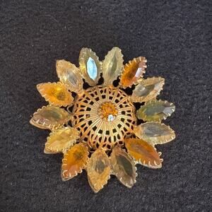 Vintage Amber Green Rhinestone Star Brooch Pin 2"